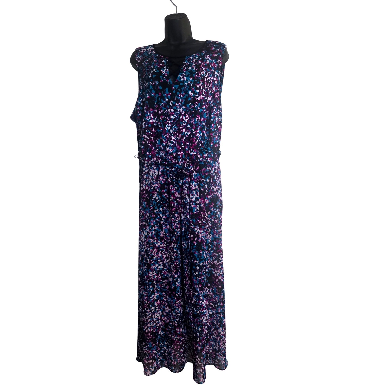 Lane Bryant Women 22 Purple Blue Abstract Floral Lattice Neck Maxi Dress